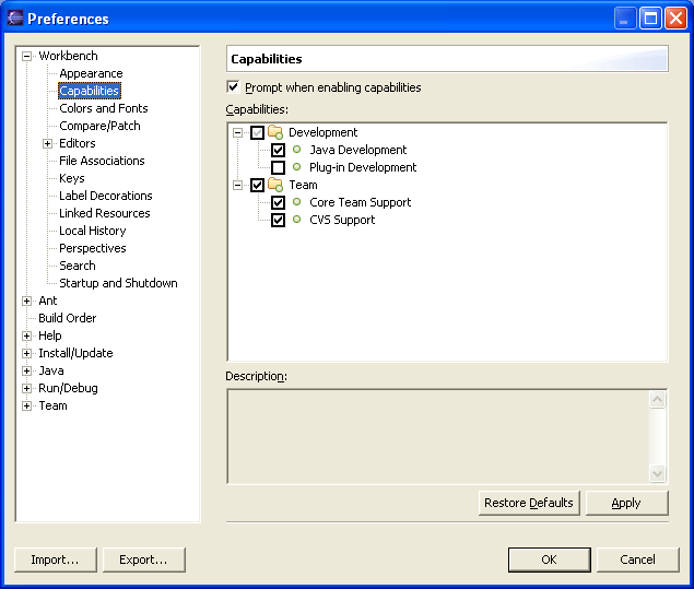 Image of Capabilities Preference page