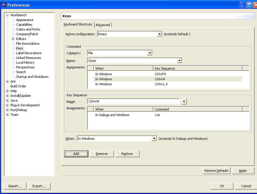 Keys preference page showing Emacs as the active configuration and the Close command selected