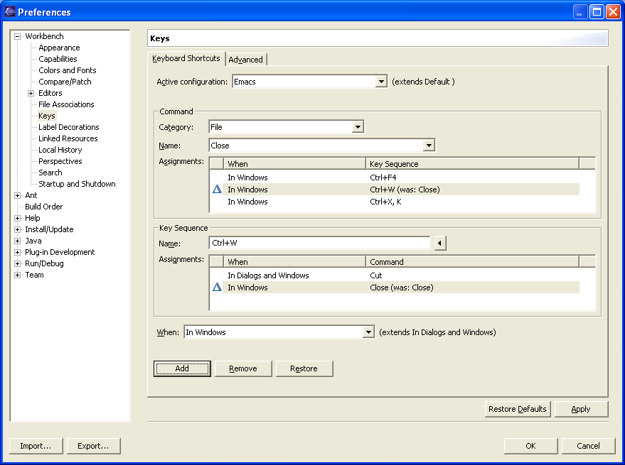 Keys preference page showing the new assignment, including 'change' graphic