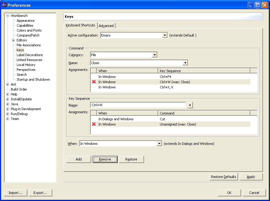 Keys preference page showing the Cut command