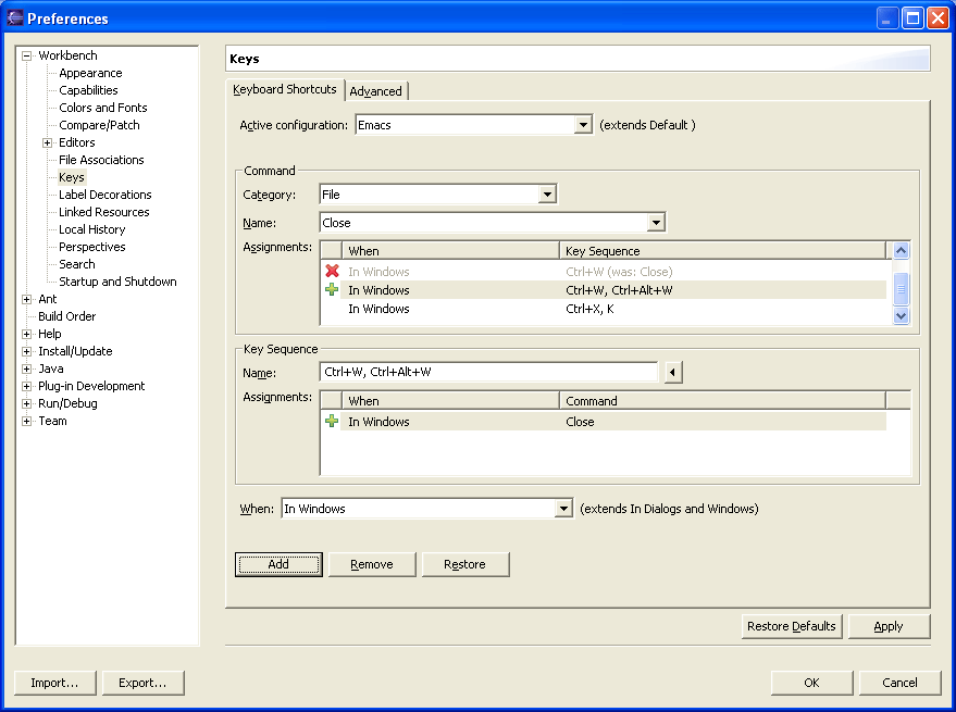 Keys preference page adding the key sequence Ctrl+Alt+W to Close