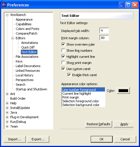 Image of the Text editor preference page