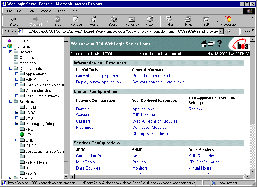 WebLogic Server Administration Console Main Window