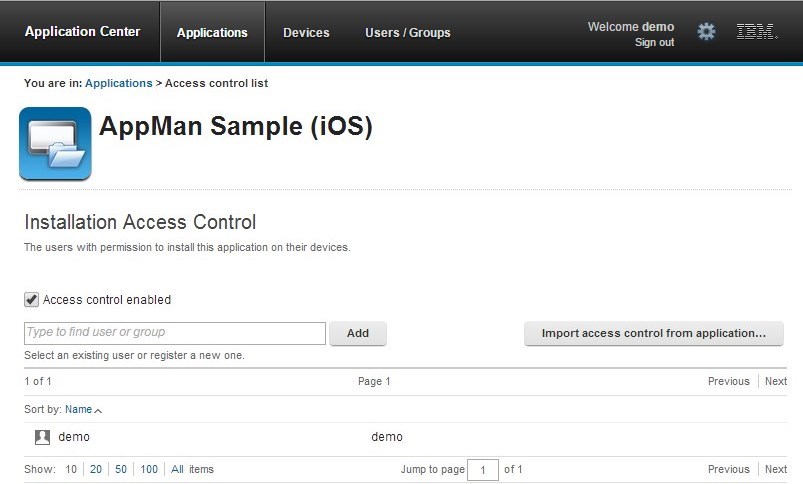 Access list of the AppMan sample with the Add button and the Add users from application button.