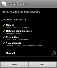 Screen capture showing the application is enabled for Storage, Nework communication, System tools and Your accounts. There is a choice to install or cancel the application.