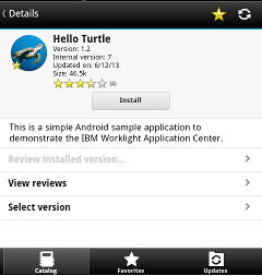 Details view of version 1.2 of the Hello Turtle app showing its average rating. To install the app, tap Install or we can view reviews of this app.