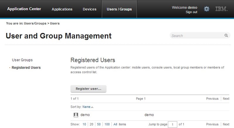 List of registered users sorted by name and showing only one user, demo, which is the name of the demo user.