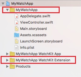 This is a screen capture of the navigation for the MyWatchApp project with the MyWatchApp folder and the MyWatchApp WatchKit ExtensionMyWatchApp and WatchKit Extension in Xcode project