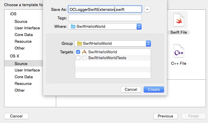 This screen capture shows how to name the Swift file.