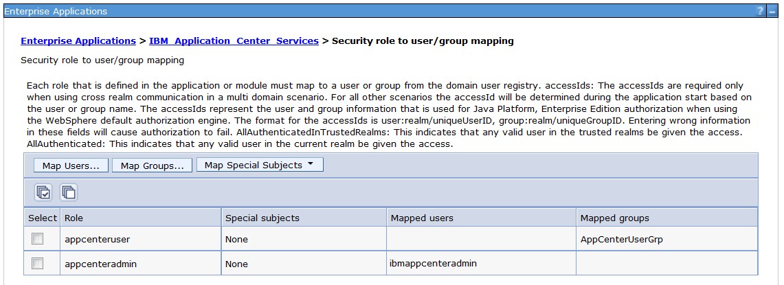 Map the security roles of the Application Center to users defined by groups.