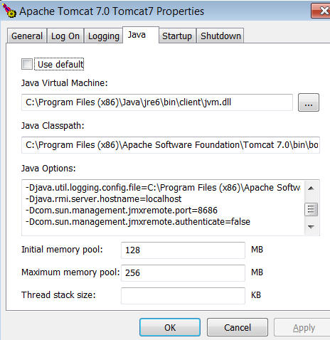 Java tab in the properties windows of the Apache Tomcat Windows Service Installer