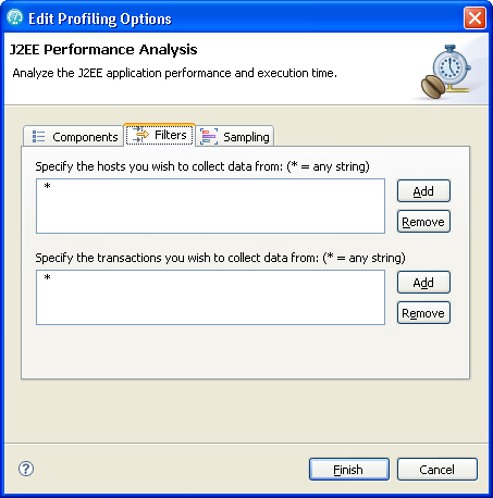 image of edit profiling options dialog box, filters tab
